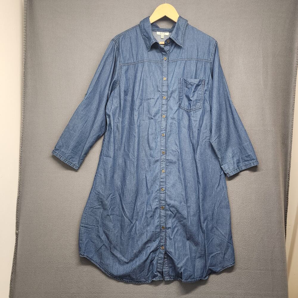 MPH Collection Chambray Denim Shirt Dress Women 1X Blue Button Front Long Sleeve